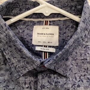 Denim & Flower Men's Short Sleeved Shirt Slim Fit Blue Floral Design  - Large